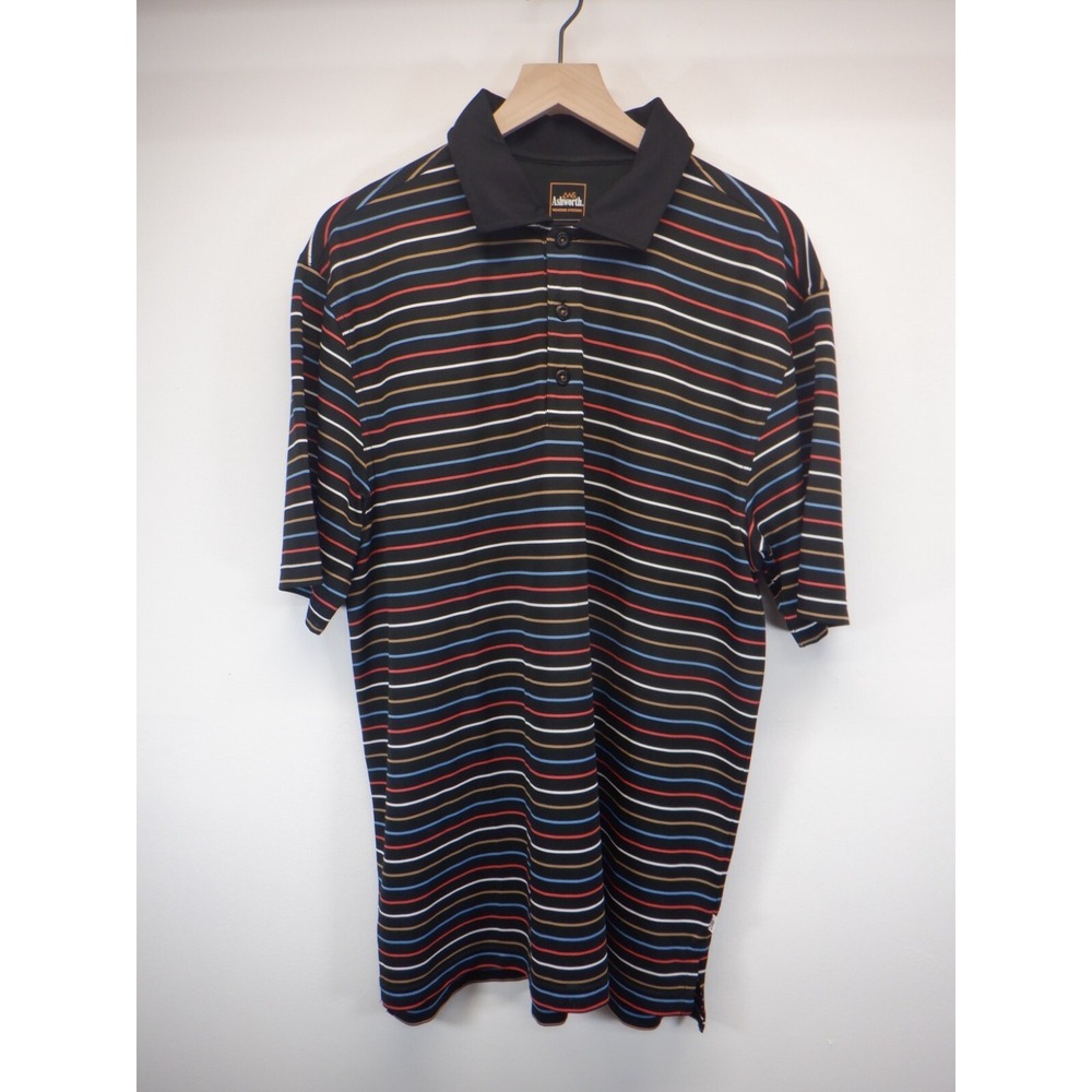 Ashworth‎ Men's Polo Shirt Size L Black Multicolor Stripe Weather Systems